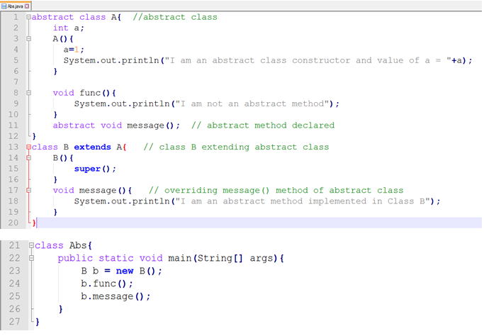 This image describes the sample program supporting abstract class and abstraction in java.